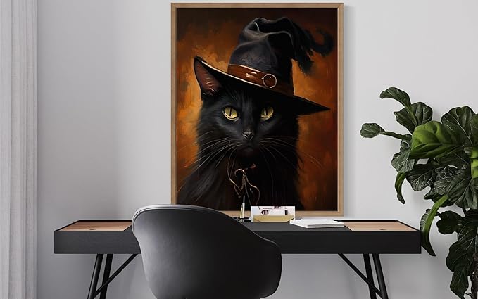 Witch Cat Poster Art Print, Halloween Scary Vintage Wall Art Academia Spooky Painting Decoration for Horror Prints, Gothic Posters Bedroom Decor 89 (Witch Cat, 8 x 10 inches, Wood Frame)