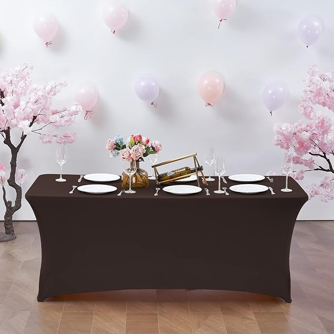 CWK 4FT Waterproof Stretch Spandex Table Cover for Rectangular Tables - Elastic Fitted Tablecloth for Folding Tables,Wrinkle Resistant Table Cloth for Parties, Weddings, Banquets & Events (Coffee)