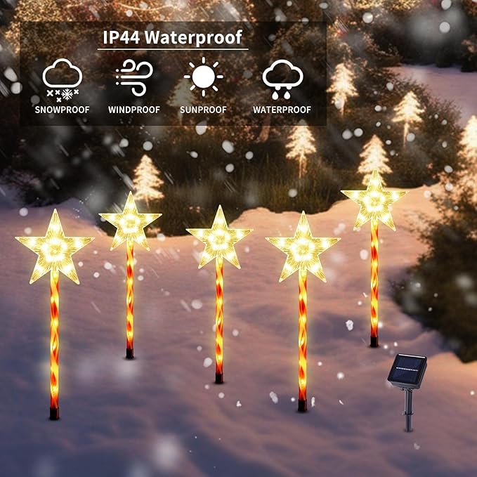 Christmas Solar Pathway Lights Outdoor Decorations, Modes Star Candy Lights Waterproof Led Garden Stake Light for Walkway Yard Lawn Porch Holiday Decor 5-Pack (Red Tube Star, 5 Pack)