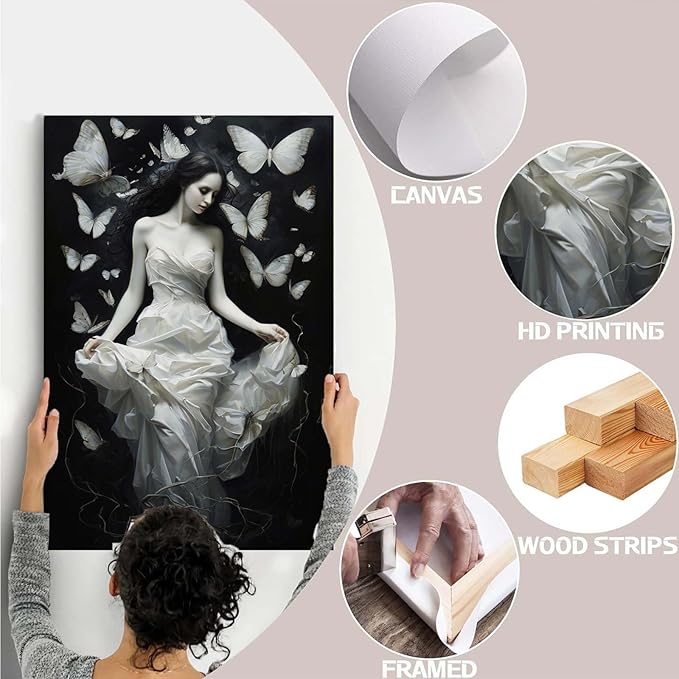 Vintage Gothic Feminine Canvas Wall Art Print Butterfly Poster Moody Preppy Wall Art Dark College Decor for Home Bedroom8x12in Wood Framed