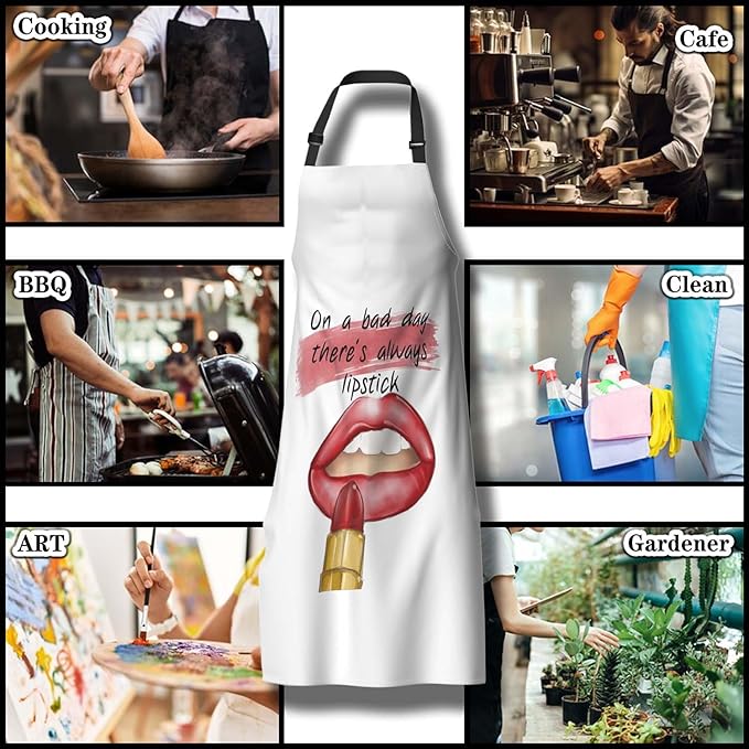 Kitchen Apron for Women Red Lips Quotes on a Bad Day There’s Always Lipstick Funny Aprons for Men for Cooking Restaurant BBQ Painting Crafting Gardening 27” (W) x 31” (H), Waterproof Apron