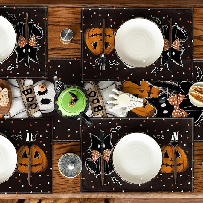 Artoid Mode Polka Dot Ghost Pumpkin Cat Boo Halloween Placemats Set of 6, 12x18 Inch Seasonal Fall Table Mats for Party Kitchen Dining Decoration