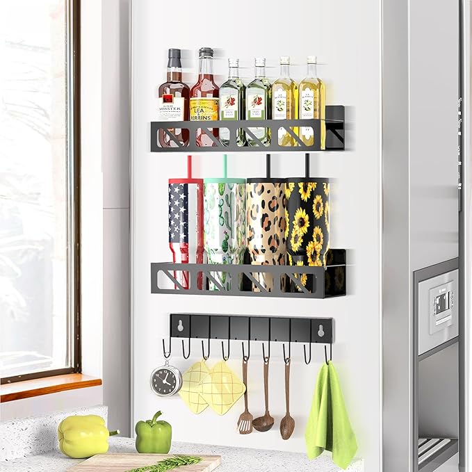 Magnetic Spice Rack Organizer for Fridge Seasoning Organizer for Kitchen storage with Screw or Adhesive Hanging,Magnetic Shelf with Hook for Refrigerator and Oven (2pack)