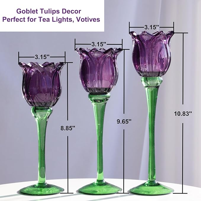VOHO 6pcs Purple Tulips Candle Holders Gifts for Halloween, Thanksgiving, Easter, Elegant Purple Tealight Candle Holder for Modern Room Decor, Glass Tulip-Like Tea Lights Holder Wedding Holiday Table