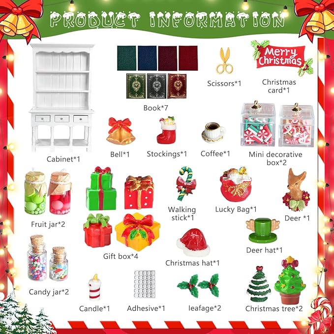 Dollhouse Miniatures Accessories 1/12 Scale, 34pcs White Wooden Bookshelf Furniture Kit - Mini Books&Gift Boxes, Candy Jars, Christmas Tree&hat, Dollhouse Christmas Decorations for Kids