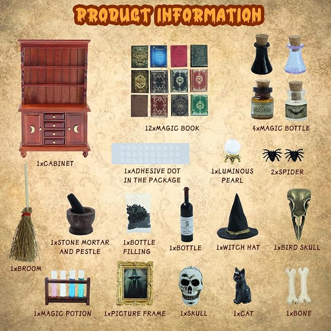 Dollhouse Miniatures 1/12 Scale Accessories, Wooden Bookshelf Furniture Set - Magic Bottle&Potion, Witch Frame and Hat, Mini Bookcase, Haunted Dollhouse Halloween Decorations for Kids Gifts