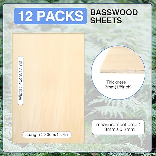 12 Pack Basswood Sheets for Crafts 12x18x1/8 Inch, 3mm Thick Unfinished Plywood for Laser Cutting & Engraving, DIY Ornaments and Architectural Model