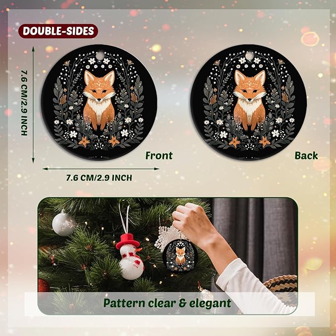 Fox Ornament, Fox Gifts for Women Girls Men,Gifts for Fox Lovers, Cottagecore Botanical Fox Ceramic Ornaments, Fox Decorative Hanging Ornament