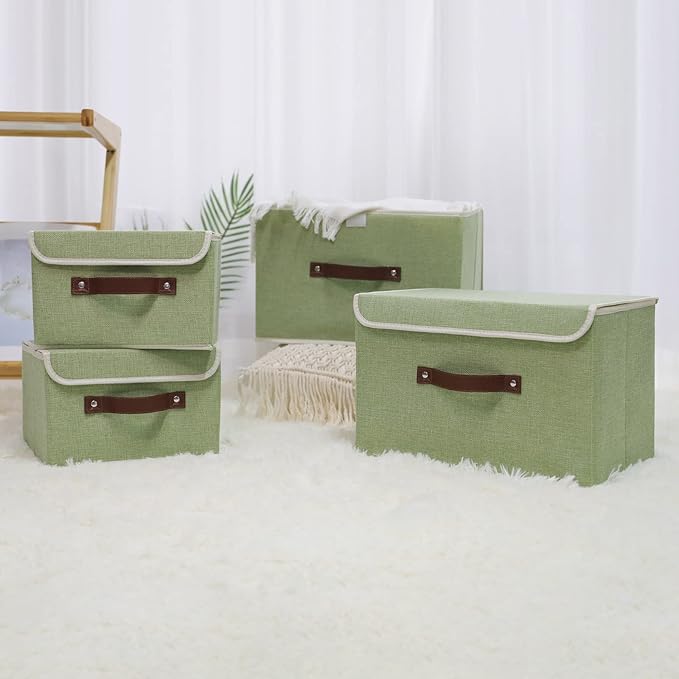 ANMINY Storage Bin with Lid Storage Boxes with PU Leather Handles PP Plastic Board Decorative Foldable Lidded Cotton Linen Fabric Home Cubes Baskets Closet Organizer Container - Green, Large Size