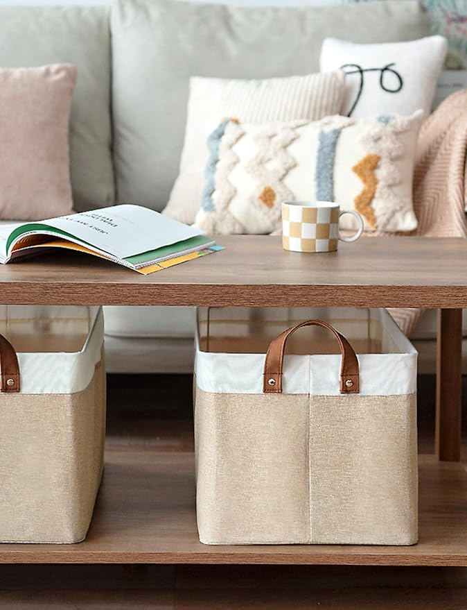 StorageWorks Storage Bins, Fabric Storage Bins for Shelves, Large Storage Baskets with Metal Frame, Closet Baskets and Bins with Handles, Brown and White, 2-Pack