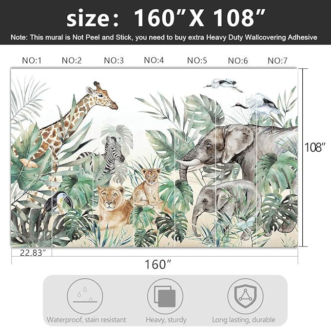 '-Tropical Rainforest Plants Animals Tigers Fabric Wallpaper Jungle Plants Banana Leaves Boys Girls Kindergarten Children Bedroom Large Mural- 160"x108"( not Peel and Stick)