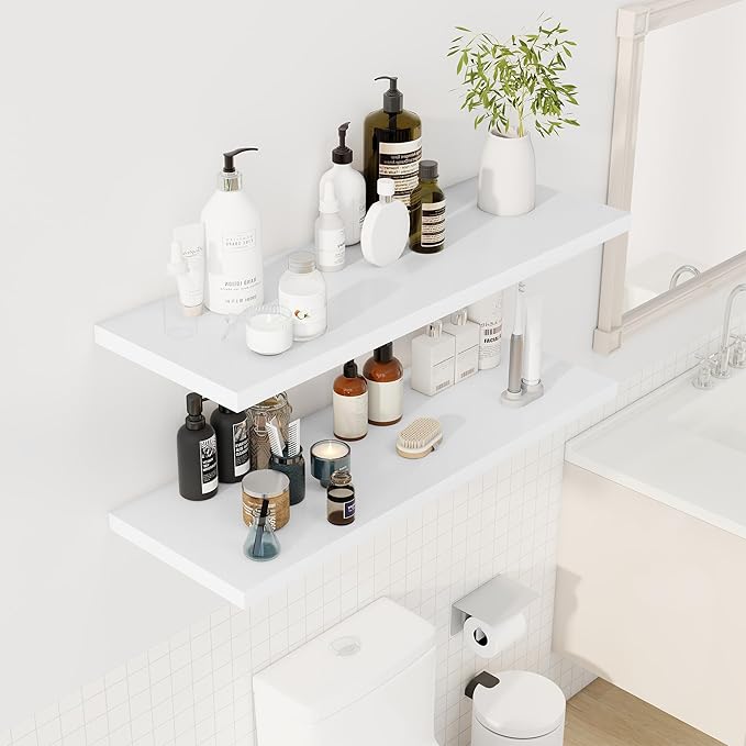 40" Floating Shelves for Wall, 12" Deep Slim White Floating Shelves, Wall-Mounted Shelves for Bedroom, Living Room, Kitchen, Bathroom - Set of 2