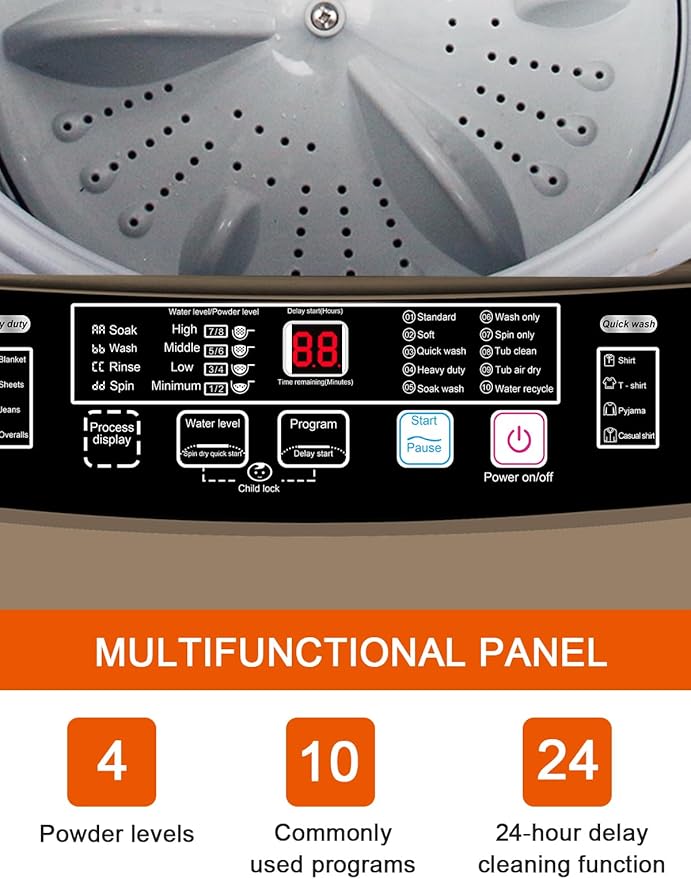 17.7 lbs Portable Washer Drain Pump, Full Automatic Washing Machine with LED Display, 10 Programs & 8 Water Levels Selections, Ideal for Camping, Apartment, Dorm, Glod