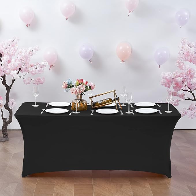 CWK 6FT Waterproof Stretch Spandex Table Cover for Rectangular Tables - Elastic Fitted Tablecloth for Folding Tables,Wrinkle Resistant Table Cloth for Parties, Weddings, Banquets & Events (Black)