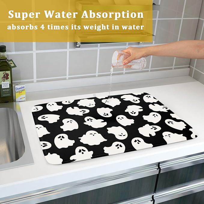 Halloween Dish Drying Mat for Kitchen Counter Cute Ghost Holiday Super Absorbent Reversible Microfiber Kitchen Countertop Protector Dishes Pad Large 18x24 inch