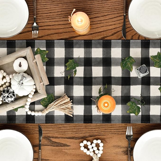 Artoid Mode Buffalo Plaid Bowknot Pumpkin Thankful Fall Table Runner, Autumn Thanksgiving Kitchen Dining Table Decoration for Home Party Decor 13x72 Inch