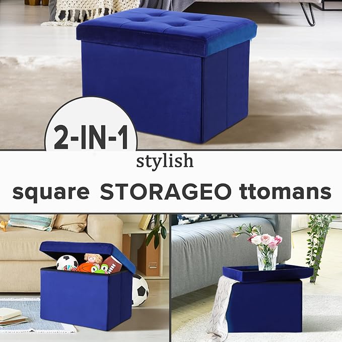 LINMAGCO Storage Ottoman Folding Foot Stool Velvet Foot Rest with Padded Modern Ottoman with Storage for Living Room Puppy Step Stool 17x13x13in(Navy)
