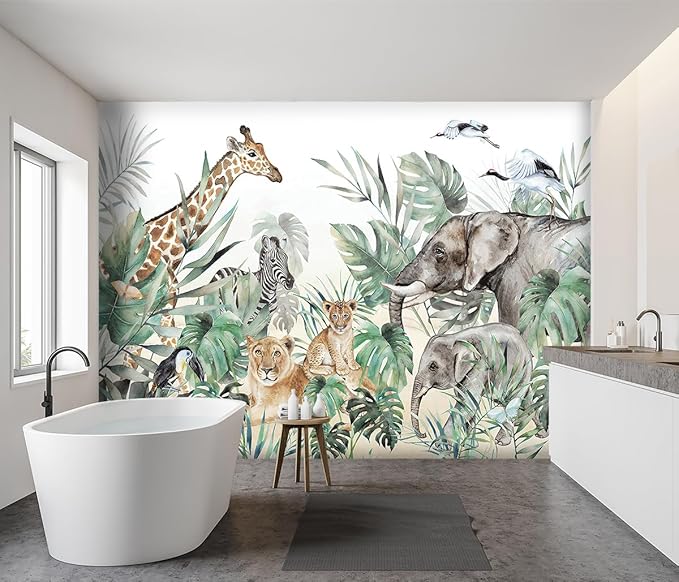 '-Tropical Rainforest Plants Animals Tigers Fabric Wallpaper Jungle Plants Banana Leaves Boys Girls Kindergarten Children Bedroom Large Mural- 91"x65"( not Peel and Stick)