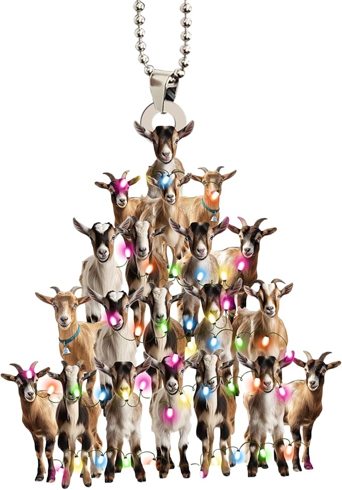 Talataca Goat 2D Flat Christmas Ornament, Goat Farm Animal Christmas Pine Tree Shape with String Light Pine Tree Decor, Hanging House Charm Eve Keepsake, Car Rear View Mirror Accessories, Xmas Gift