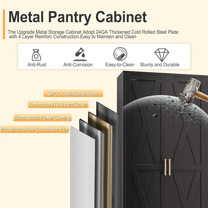 61" H Metal Kitchen Pantry Storage Cabinet, Freestanding Cupboard with 2 Doors and 3 Adjustable Shelves, Standing Storage for Kitchen, Bathroom, Garage, Dinning Room or Utility Room(Black)