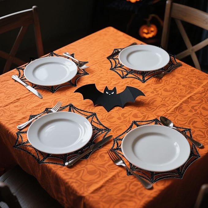 60Pcs Halloween Disposable Paper Placemats Glitter Black Spider Web Dining Table Mat Place Mats for Trick or Treat Party Home Table Setting, 13 x 13 Inch