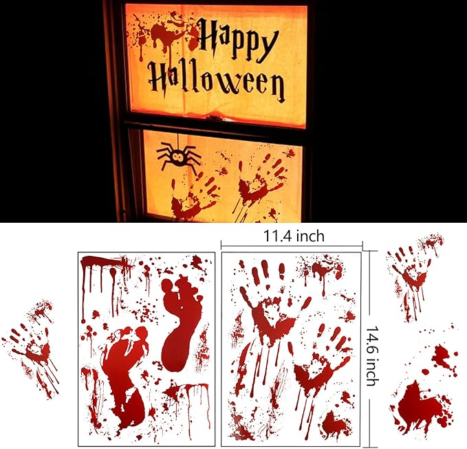 159 PCS Halloween Decorations, 8 Sheets Terror Bloody Handprint Footprint Window Stickers, 8 Sheets Tattoo Stickers, Halloween Party Indoor/Outdoor Decoration,Spooky Wall Decal and Floor Stickers
