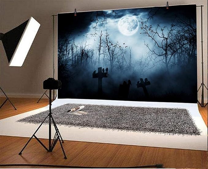 AOFOTO 10x7ft Moon Night Halloween Cemetery Photography Backdrop Flying Bats Birds Stand on Gravestone Cross Graveyard in Dark Forest Photo Background Cloth Vinyl Wallpaper Photo Studio Props Vinyl