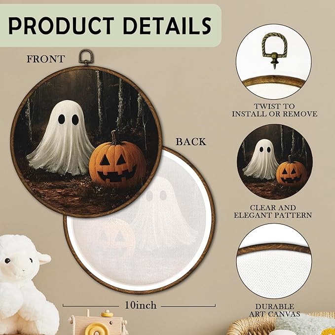 cvjutf Vintage Ghost Halloween Wall Art Framed, Ghost Bathroom Decor, Gothic Dark Academia Fall Round Wall Decor, Witchy Halloween Pumpkin Canvas Prints Art for Bedroom Bathroom Living Room, 10x10 In