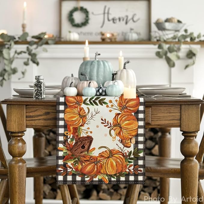 Artoid Mode Buffalo Plaid Pumpkin Mushroom Birdhouse Leaves Fall Table Runner, Autumn Kitchen Dining Table Decoration for Home Party Decor 13x60 Inch