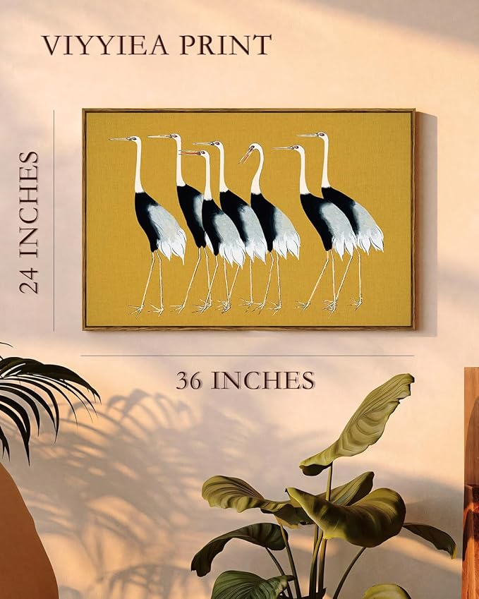 VIYYIEA Framed Wall Art Decor for Living Room Seven Cranes Art Wall Decorations Canvas Prints Vintage Painting Pictures Rustic Bathroom Decor Farmhouse Artwork for Bedroom Kitchen Office - 36L x 24W