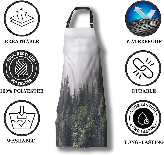 Garden Apron for Men Forested Mountain Slope in Low Lying Cloud Kitchen Aprons for Women for Kitchen Cooking Restaurant BBQ Painting Crafting Gardening 27” (W) x 31” (H), Waterproof Aprons