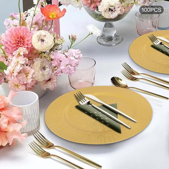Antique Charger Plates Set 13'' Round Embossed Dinner Plate Chargers Plastic Elegant Floral Plates for Dinner Wedding Party Event Table Kitchen Decoration 100PCS (Customized Gold 100Pcs)