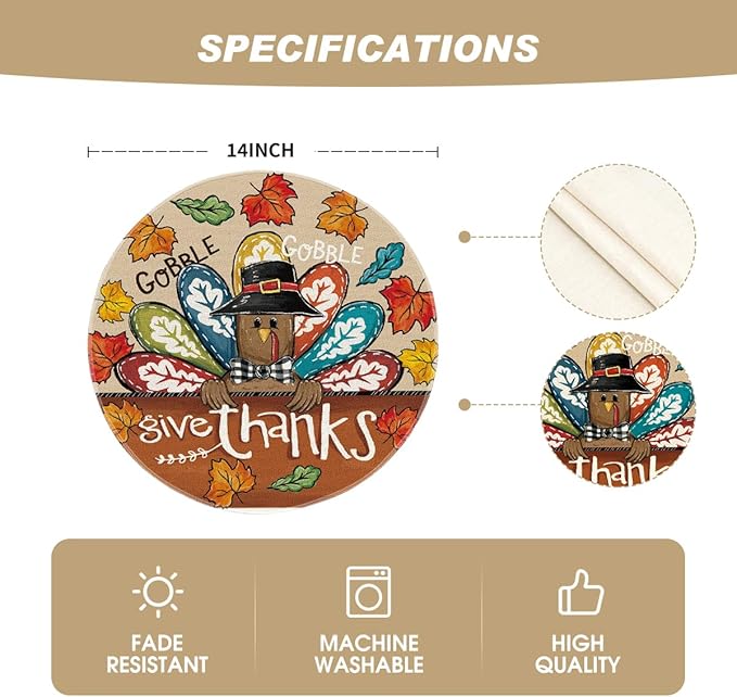 Artoid Mode Turkey Give Thanks Thanksgiving Placemats Set of 4, 15 Inch Seasonal Autumn Round Table Mats for Dining Decoration