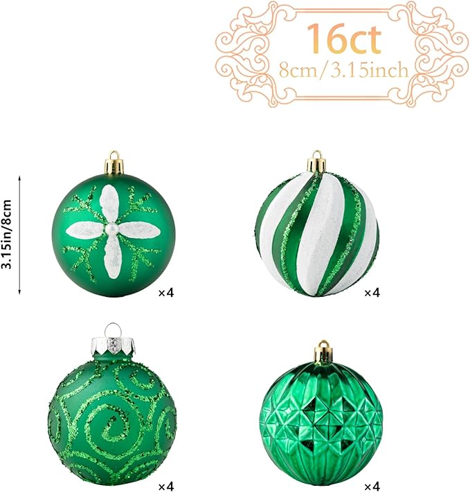 16Pcs Christmas Ball Ornaments Set, 3.15" Shatterproof Christmas Ornaments, Luxury Glitter Hanging Ornaments for Xmas Tree, Xmas Holiday, Party, Wedding (Green)