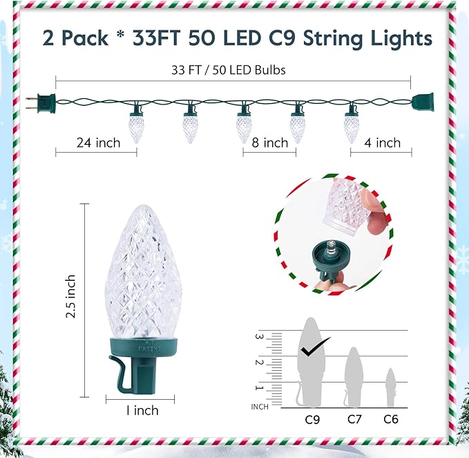 Brightown 2 Pack White C9 LED Christmas String Lights - 33ft 50 LED Waterproof Strawberry String Lights, Plug-in Extendable Green Wire Lights String for Outdoor Indoor Patio Party Decoration