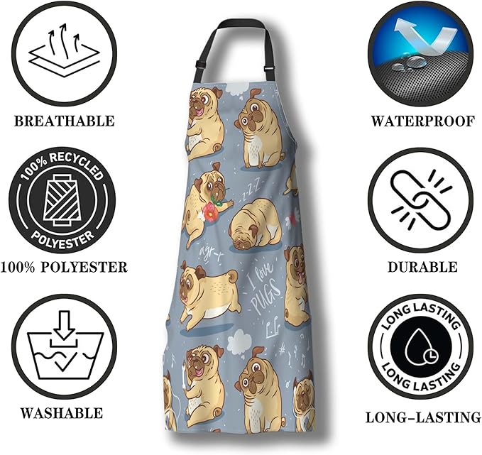 Paint Apron for Men Pug Puppies Dog Cartoon Bull Terrier Funny Aprons for Women for Kitchen Cooking Restaurant BBQ Painting Crafting Gardening 27” (W) x 31” (H), Waterproof Aprons