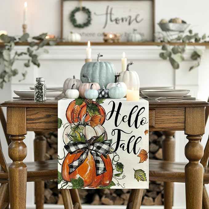 Artoid Mode Pumpkins Bowknot Maple Leaf 210 GSM Fall Table Runner, Seasonal Autumn Kitchen Dining Table Decoration for Home Party Decor 13x120 Inch