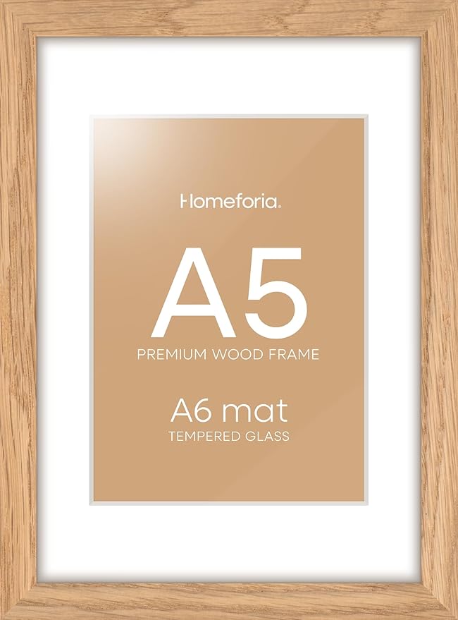 Homeforia A5 Wood Picture Frame, High-End Natural Oak 5.8x8.3 Frame Matted to 4.1x5.8 inch Photo, A5 Size Wooden Frames with Mat A6 for Art, 5.8 x 8.3 Poster Frames, Tempered Glass, Wall Kit, Set of 1