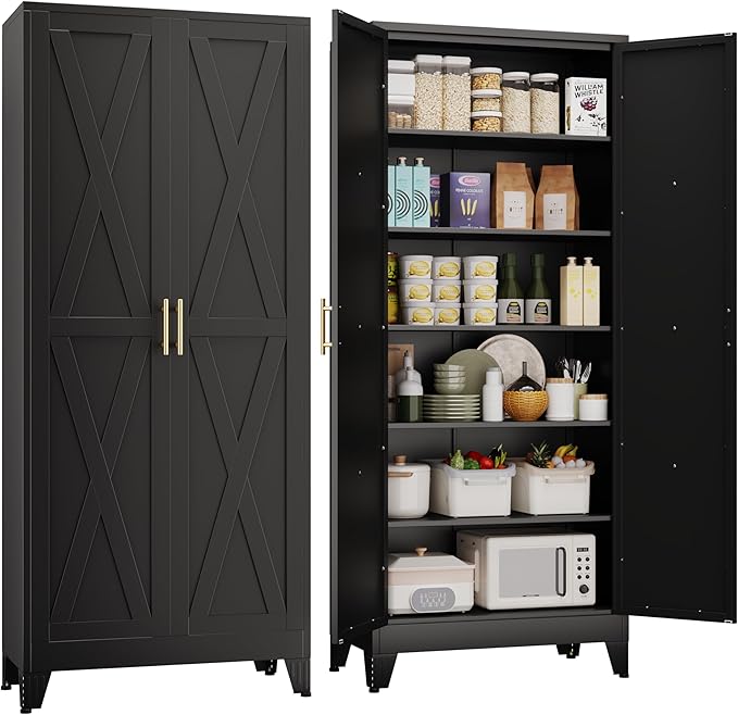 75" Tall Metal Kitchen Pantry Storage Cabinet, Freestanding Cupboard with 2 Doors and 5 Adjustable Shelves, Standing Storage for Kitchen, Bathroom, Garage, Dinning Room or Utility Room(Black)