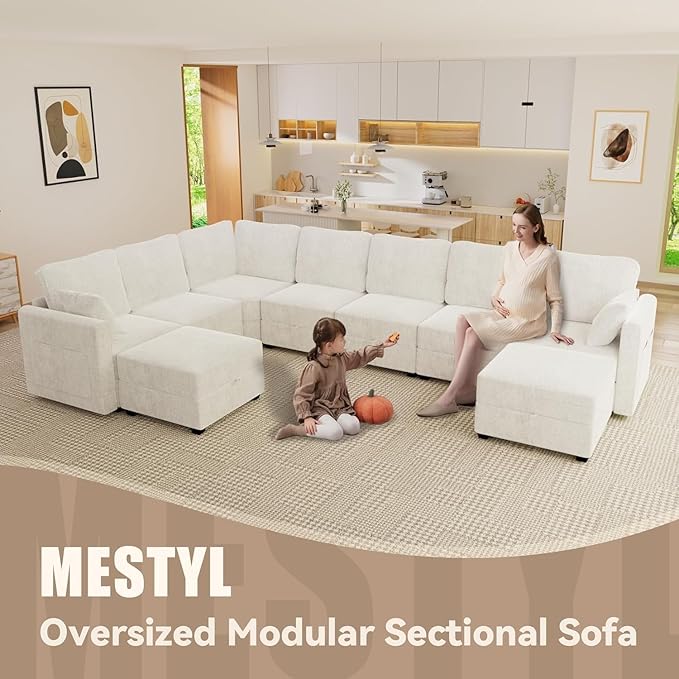 mestyl Modular Sectional Sofa Convertible U Shaped Sofa Couch Set with Storage for Living Room, Modern 3 Seater Modular Sectional Couch with 2 Movable Ottoman (Beige)