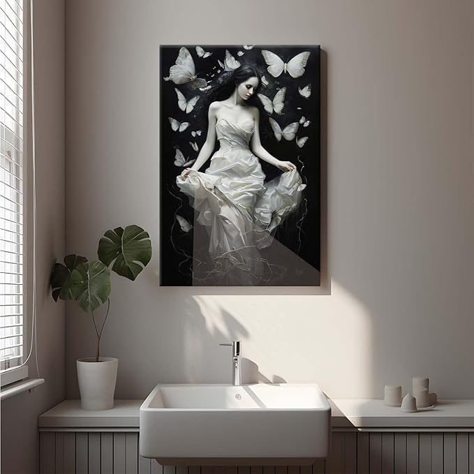 Vintage Gothic Feminine Canvas Wall Art Print Butterfly Poster Moody Preppy Wall Art Dark College Decor for Home Bedroom24x36in Wood Framed