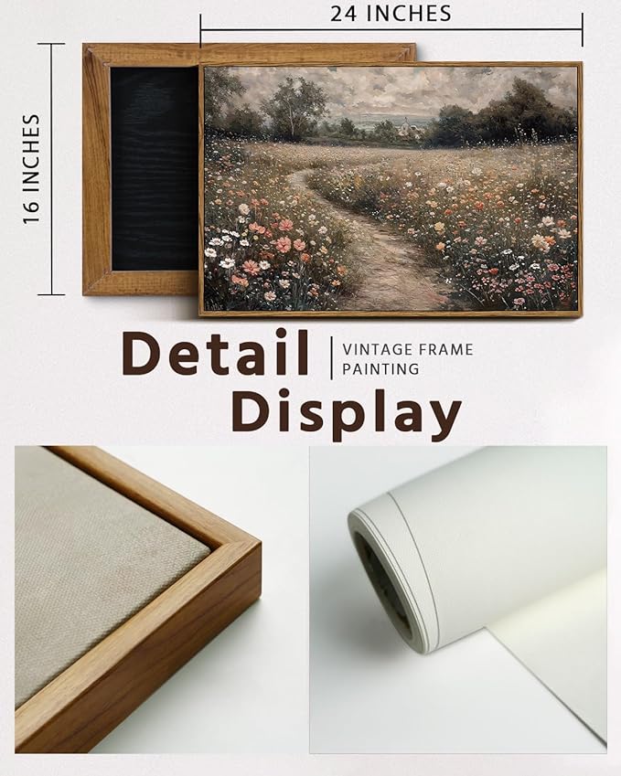VIYYIEA Framed Canvas Wall Art Home Decor Vintage Landscape Nature Country Wildflower Paintings Farmhouse Pictures Floral Artwork Rustic Flower Prints Cottagecore Living Room Bedroom Bathroom 16x24in