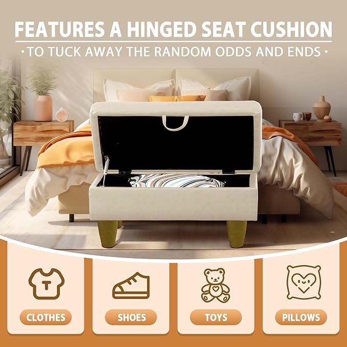 Ottoman Rectangular Storage Ottoman Bench, Faux Leather Footrest, Coffee Table, Stool Footstool with Hinged Lid for Living Room, Bedroom, Entryway, Pearl White, 28.5"x19"x17.5"