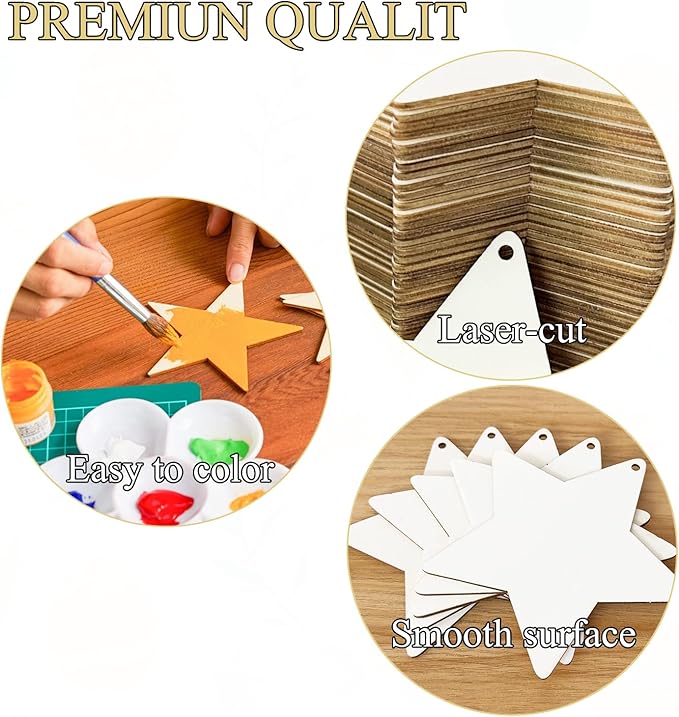 FCECOR 4" 100PCS Wooden Stars for Crafts, Wood Stars for 4th of July Kids Crafts Wood Slices DIY Crafts Supplies, Unfinished Wooden Ornaments for DIY Christmas Crafts Projects