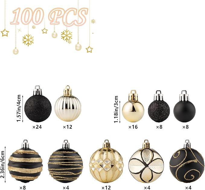 100Pcs Christmas Balls Ornaments Set, Shatterproof Christmas Decorations with Hand-held Gift Package for Xmas Tree/Holiday/Wedding/Holiday/Party Decor (Black & Gold)