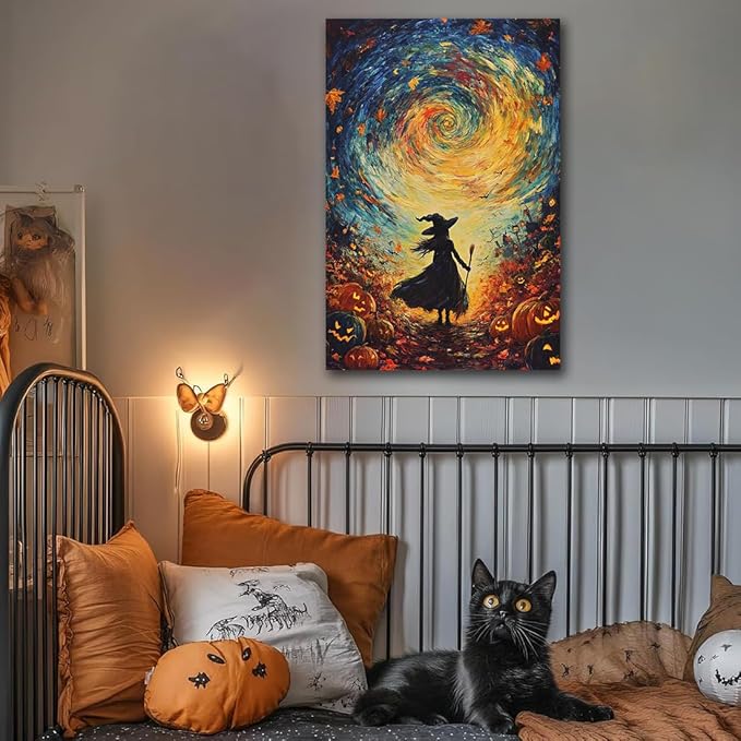Halloween Autumn Witchy Decor Wall Art Prints,Gothic Witch in Whirlwind Autumn with Pumpkins Scene Pictures Poster,Fall Festival Home Decor Painting Canvas Poster for Bedroom Bathroom,16"x24" Framed