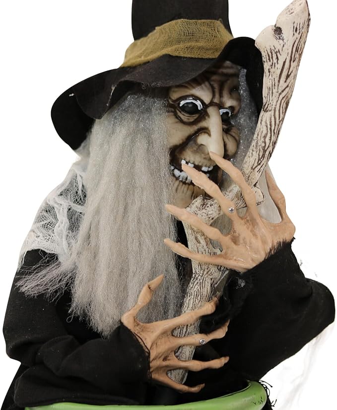 Haunted Hill Farm Scary Talking Witch with Cauldron Halloween Animatronic, Indoor or Covered Outdoor Halloween Decorations with Light up Eyes and Sound, Battery Operated Halloween Props for Home