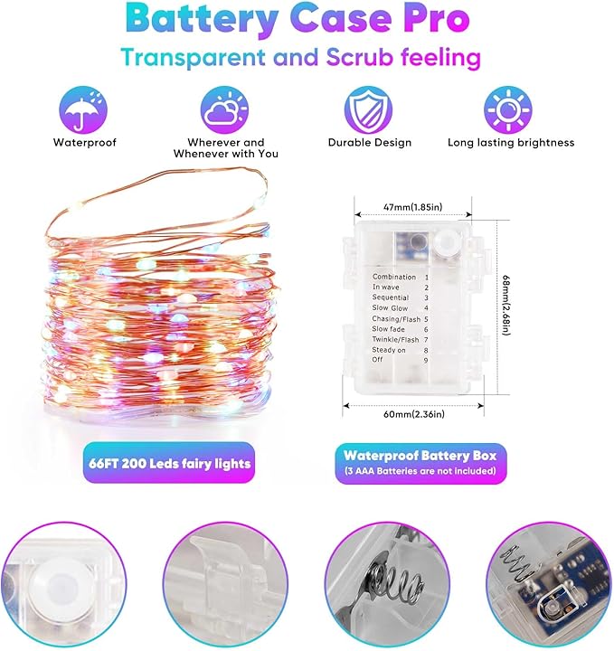 1 Pack 65.6 Ft. Battery Operated Outdoor String Lights with Remote & Timer, LED Multi Color Fairy Lights, Waterproof Twinkle Lights for Bedroom, Dorm, Mason Jar, Wedding, Party, Christmas
