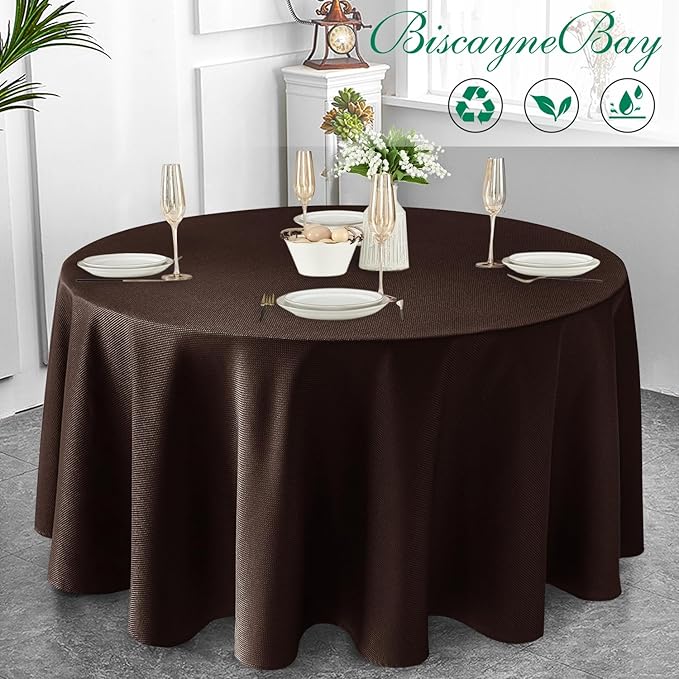 Biscaynebay Textured Fabric Round Tablecloths 108", Brown Water Resistant Table Cloth Circle Folding Table Covers Linen for Dining, Kitchen, Wedding, Parties etc. Machine Washable