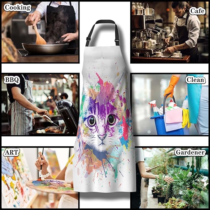 Housewife Apron for Women Abstract Colorful Cat Fun Aprons for Men for Kitchen Cooking Restaurant BBQ Painting Crafting Gardening 27” (W) x 31” (H), Waterproof Apron